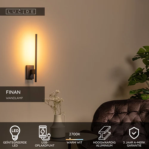 Lucide FINAN - Wandlamp - LED - 1x6W 2700K - Met USB oplaadpunt - Zwart - USP